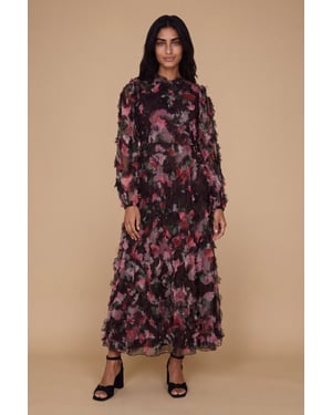 Petite Long Sleeve Printed Mesh Midi Dress