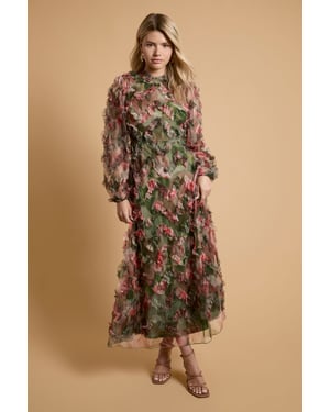 Long Sleeve Printed Mesh Midi Dress