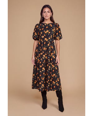 Petite Puff Sleeve Black Floral Midi Dress