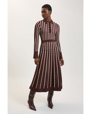 Knit Pointelle Contrast Collared Midi Dress