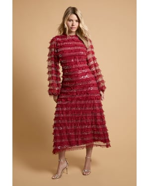 Long Sleeve Printed Mesh Midi Dress