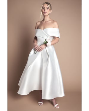 Lisa Tan Petite Twill Bardot Waisted Midi Wedding Dress