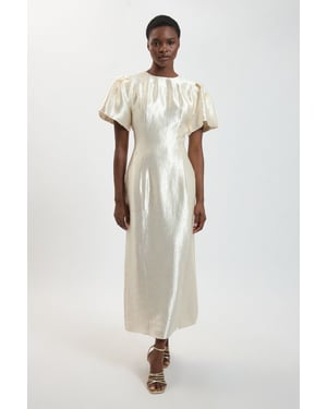 Puff Sleeve Metallic Textured Midi Dress