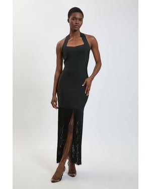 Figure Form Bandage Fringe Knit Halter Neck Midi Dress