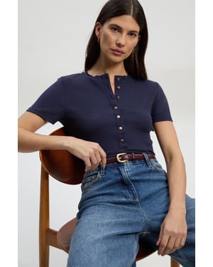 Petite Viscose Rib Button Up Crew Neck Tshirt