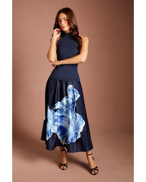 Satin Midi Skirt With Placement Print
