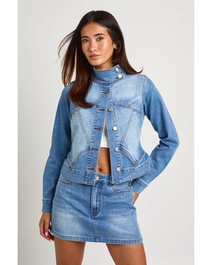 Slim Fit Funnel Neck Seam Detail Denim Jacket