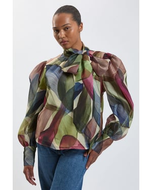 Plus Size Petal Print Organza Pussybow Blouse