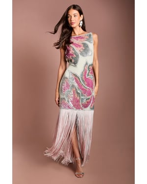 Muse Floral Embellished Stretch Fringe Dress