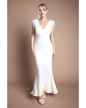 Petite Feather Shoulder Detail V Neck Satin Wedding Dress