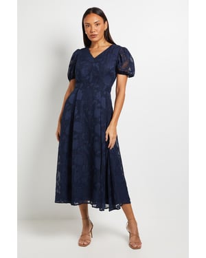 Floral Jacquard Puff Sleeve Midi Dress
