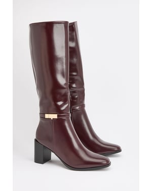 Joy Faux Leather Metal Trim High Block Heel High Leg Boots