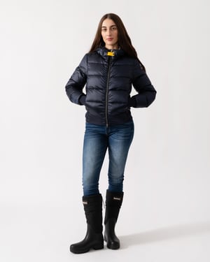 Mariah Adjustable Drawstring Hooded Down Bomber in Navy