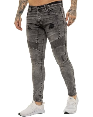 Enzo | Heren Skinny Stretch Biker Denim Jeans - Black Acid