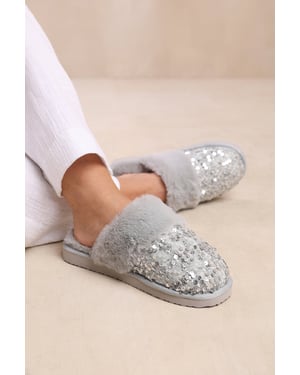 Wheres That From Womens 'Snuggle' Slip On Sequin Slippers With Fur Trim