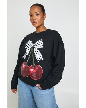 Plus Polka Dot  Bow Cherry Graphic Sweatshirt