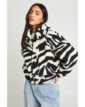 Zebra Funnel Neck Teddy Bomber Jacket
