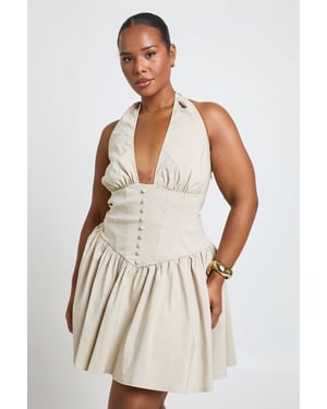 Plus Bengaline Halterneck Button Down Skater Dress