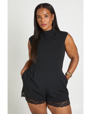 Plus High Neck Lace Trim Tailored Playsuit