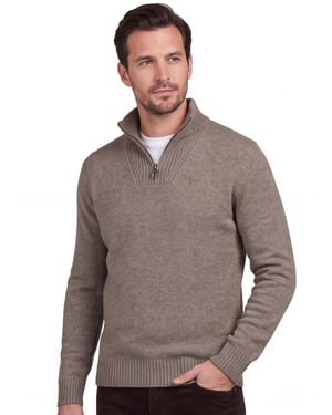 Barbour trui beige effen merinowol opstaande kraag