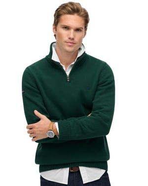 Superdry trui donkergroen katoen gebreid half zip effen