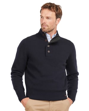 Barbour half zip trui donkerblauw met knopen en elleboogstukken