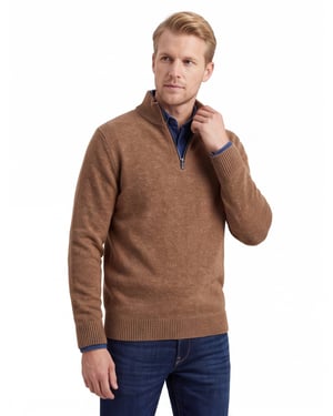 A Fish Named Fred halfzip trui effen bruin slim fit