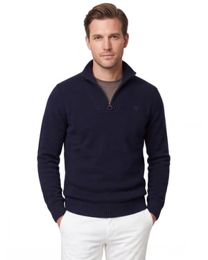 Barboor half zip donkerblauw wol gebreid