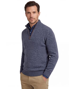 katoenen A Fish Named Fred halfzip trui blauw effen slim fit