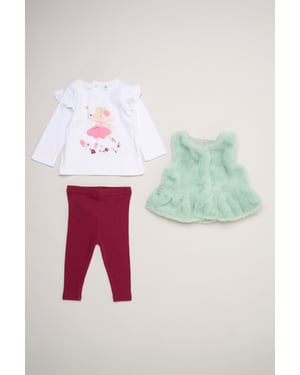 Faux Fur Gilet Set with Floral Bow T-Shirt & Leggings