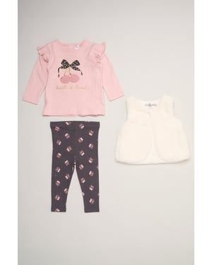 Faux Fur Gilet Set with Cherry T-Shirt & Leggings