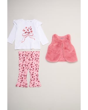 Faux Fur Gilet Set with Floral Bow T-Shirt & Leggings