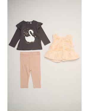 Faux Fur Gilet Set with Swan T-Shirt & Leggings