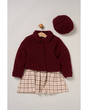 3 Piece Faux Fur Jacket and Check Dress Set with Beret