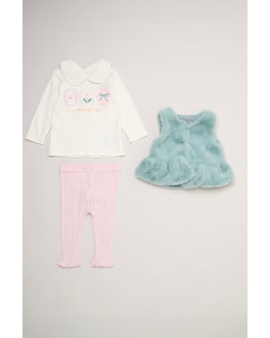 Faux Fur Gilet Set with Long Sleeve T-Shirt & Leggings