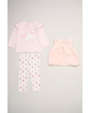Faux Fur Gilet Set with Unicorn T-Shirt & Leggings