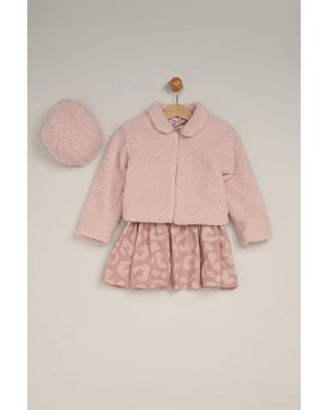 3 Piece Faux Fur Jacket and Printed Dress Set with Beret
