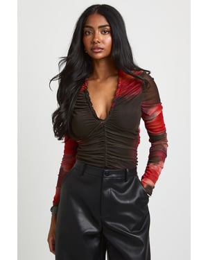 Floral Printed Mesh Ruched Neckline Long Sleeve Bodysuit