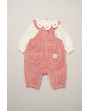 Bodysuit with Embroidered Collar and Velour Dungarees