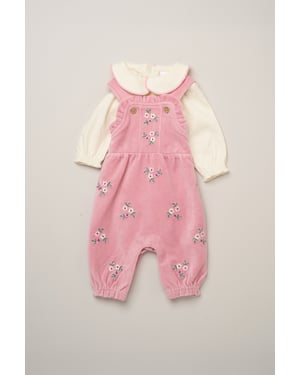 Bodysuit with Peter Pan Collar and Ribbed Velour Dungarees with Embroidery