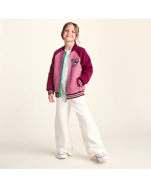 Aberfield Shaun the Sheep Kids Sherpa Varsity Bomber Jacket - Candy Floss/Beetroot Red