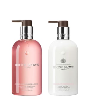 Molton Brown Delicious Rhubarb & Rose Hand Wash 300ml & Hand Lotion 300ml Duo