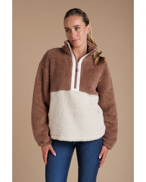 Light Brown Colourblock Borg High Neck 1/2 Zip Fleece Pullover