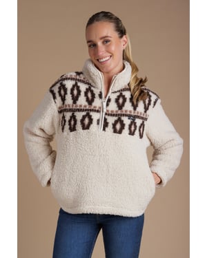 Beige Fairisle Borg High Neck 1/2 Zip Fleece Pullover