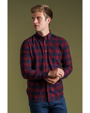 Wine Cotton Large Gingham Flannel Long Sleeve Shirt
