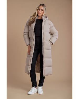 Taupe Longline Quilted Puffer Jacket With Hood