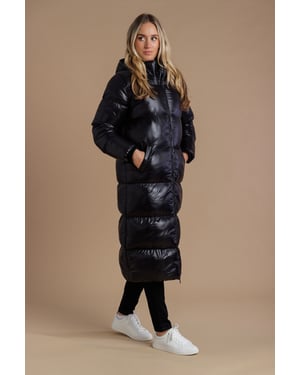 Black Longline Quilted Shine Puffer Jacket With Hood