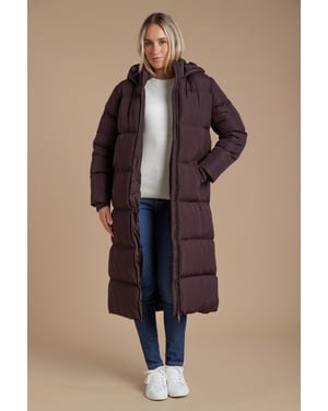 Chocolate Longline Quilted Puffer Jacket With Hood