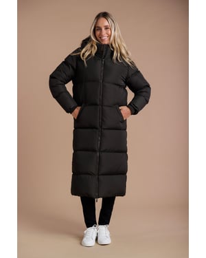 Black Longline Quilted Puffer Jacket With Hood