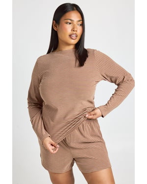 Plus Soft Rib Stripe Long Sleeve Top & Short Pyjama Set